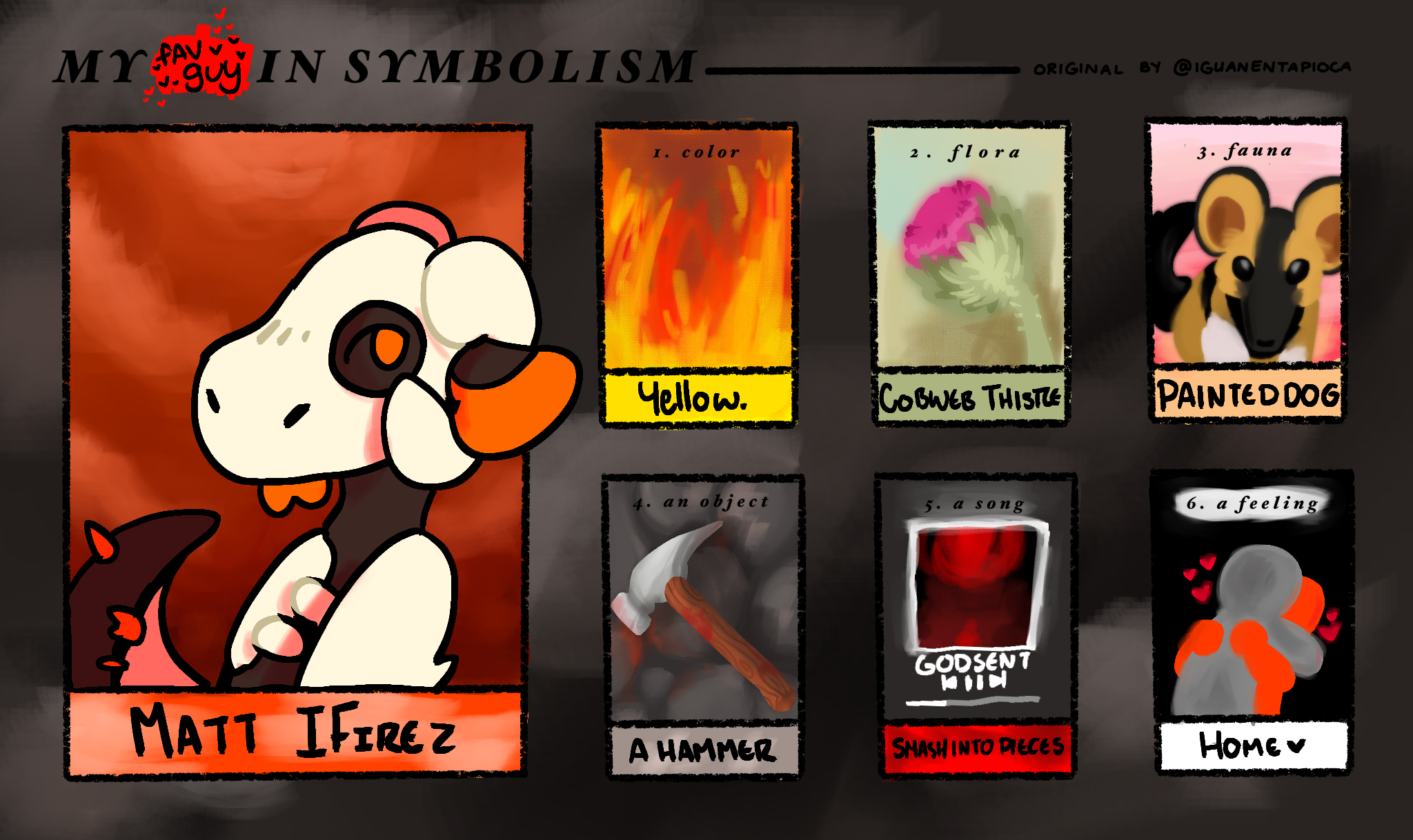a drawing of matt from fyreuk in the 'my oc in symbolism meme'. 'oc' is replaced with 'fav guy' in the header. the boxes have, in order:
	a color: yellow. flora: cobweb thistle. fauna: painted dog. an object: a hammer. a song: godsent by smash into pieces. and a feeling: home.